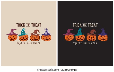 4 Pumpkins wearing the witch hats, TRICK OR TREAT Happy Halloween, Halloween season design, vector illustration