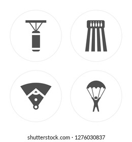4 Punching bag, Baseball field, Bowling, Parachuting modern icons on round shapes, vector illustration, eps10, trendy icon set.