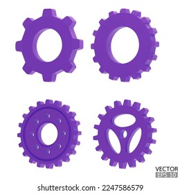 4 purple Gear icon set. PurpleTransmission cogwheels and gears are isolated on white background. Purple Machine gear, setting symbol, Repair, and optimize workflow concept. 3d vector illustration.