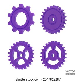 4 purple Gear icon set. PurpleTransmission cogwheels and gears are isolated on white background. Purple Machine gear, setting symbol, Repair, and optimize workflow concept. 3d vector illustration.