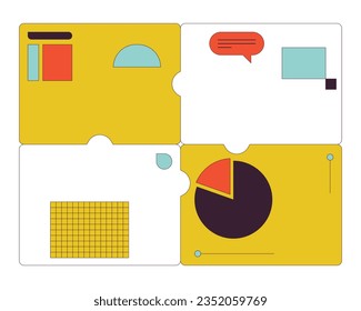4 puzzle piece presentation slides flat line color isolated vector object. Business data analytics. Editable clip art image on white background. Simple outline cartoon spot illustration for web design