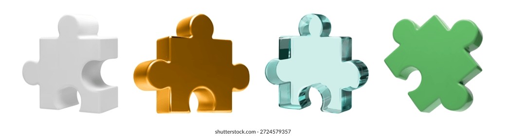 4 Puzzleteile 3D Rendering einzeln. Jigsaw Symbol für Geschäftsziel, Teammitglied. Problemlösungs-Herausforderung, abstrakte Partnerschaft und Teamarbeit. Elemente erfolgreich verbinden. Bildung Gebäude Spielzeug Idee