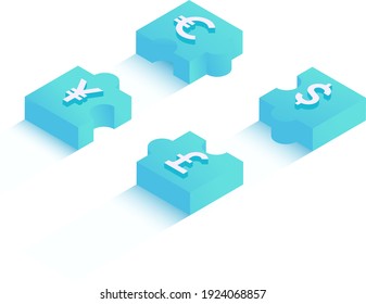 4 puzzle pieces with different currencies. Dollars, yens, euros, pounds. Vector illustration in modern isometric style. 3d icons with shadow.