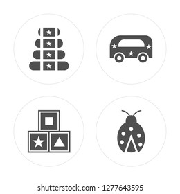 4 Pyramid toy, Cubes Bus Ladybug toy modern icons on round shapes, vector illustration, eps10, trendy icon set.