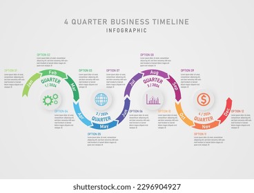 4 quarter infographic business planning for growth curved multicolored arrow timeline Move the letter abbreviation of the month inside. Circle buttons and icons on a gray gradient background