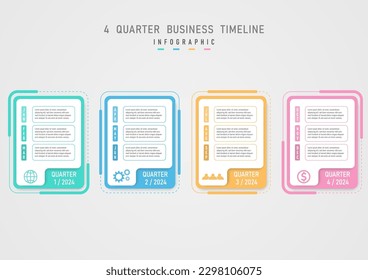 4 Quarter Infographic Business Planning Timeline for Growth multicolored pastel squares month abbreviation letter icon on white background Frames and letters with outlines gray gradient background.