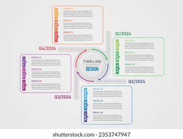 Infografik über 4 Vierteljahre. Graukreisstraße mit Richtungspfad in der Mitte mit Schrift. Der äußere mehrfarbige Rahmen platziert die Schrift in der Mitte des grauen Farbverlauf-Hintergrunds.