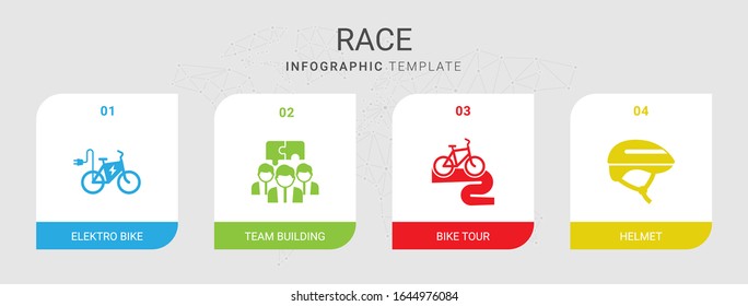 4 race filled icons set isolated on infographic template. Icons set with elektro bike, Team building, Bike tour, Helmet icons.