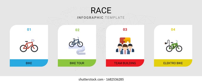 4 race flat icons set isolated on infographic template. Icons set with Bike, Bike tour, Team building, elektro bike icons.