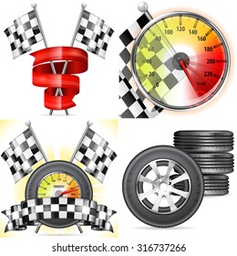 4 Racing Concepts with Speedometer, Flags, Tires and Ribbons. Vector Template can be used for flyer, poster and printing advertising.