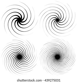 4 radial spiral elements. Rotating, radiating lines with different level of distortion, and number of spokes.