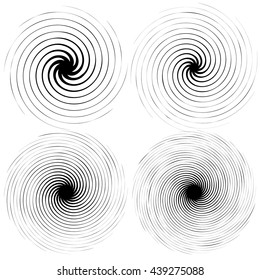 4 radial spiral elements. Rotating, radiating lines with different level of distortion, and number of spokes.