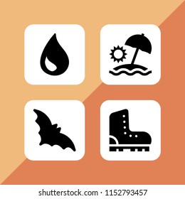 4 rain icons in vector set. sun umbrella, boot, bat and water drop illustration for web and graphic design
