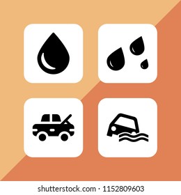 4 rain icons in vector set. wet, flood, damage and water drop illustration for web and graphic design