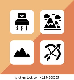 4 range icons in vector set. archery, mountain summit, mountain and hood illustration for web and graphic design