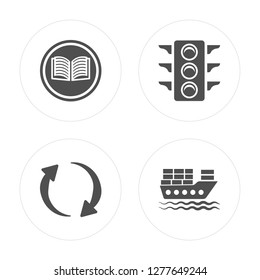 4 Reading, Refresh Curve Arrows, Big Traffic Light, Cargo Boat modern icons on round shapes, vector illustration, eps10, trendy icon set.