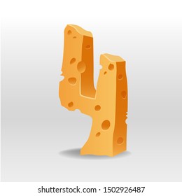 4. Realistic figure of cheese. 3D vector illustration. Numeral four of cheesy font. Element for banner, poster, card, flyer design.
