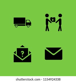 4 receive icons in vector set. delivery truck, mail and delivery worker giving a box to a receiver illustration for web and graphic design