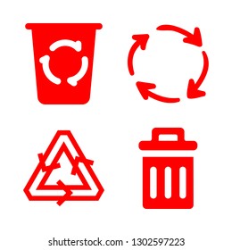 4 recycle icons with circular arrows and recycle bin filled tool in this set
