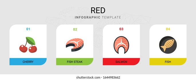 4 red flat icons set isolated on infographic template. Icons set with cherry, fish steak, salmon, Fish icons.