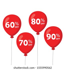 4 red flying balloons with 60% 70% 80% 90% sale flat design illustration. Simple modern concept vector for app ads icon web banner button ui ux interface elements isolated on white background