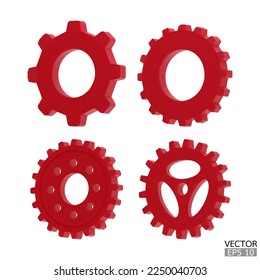 4 conjunto de iconos de la marcha roja. Los engranajes y las ruedas de la caja de cambios doradas están aislados en el fondo blanco. Engranaje de la máquina amarilla, símbolo de ajuste, Reparar y optimizar el concepto de flujo de trabajo. Ilustración vectorial 3d.