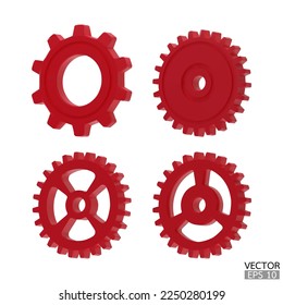 4 red Gear icon set. Golden Transmission cogwheels and gears are isolated on white background. Yellow Machine gear, setting symbol, Repair, and optimize workflow concept. 3d vector illustration.