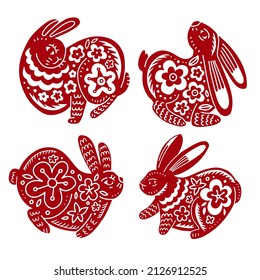 4 red Hares - Chinese zodiac symbol. Set of rabbits in different variations. Silhouettes drawn in chinese style with floral ornate in graphic style. Vector hand darwn illustration.