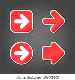4 red sticker arrow sign web icon. Smooth internet button with drop shadow on gray background with noise effect. This vector illustration clip-art design element saved in 10 eps