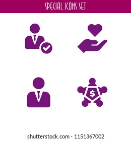 4 relationship icons in vector set. manager, teamwork and charity illustration for web and graphic design
