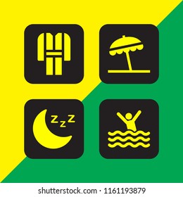 4 relax icons in vector set. bathrobe, beach and sleep illustration for web and graphic design