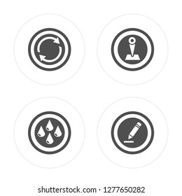4 Reload, Drop, Pin, Pen modern icons on round shapes, vector illustration, eps10, trendy icon set.