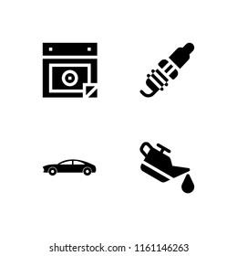 4 repair icons in vector set. car oil, install wizard, spark plug and sportcar illustration for web and graphic design