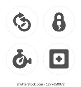 4 Repeat, Stopwatch, Padlock, Focus modern icons on round shapes, vector illustration, eps10, trendy icon set.