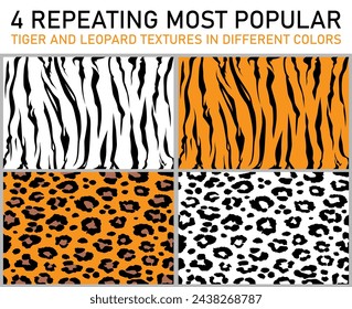 4 repeating most popular tiger and leopard textures in different colors. seamless pattern of animals in white black and yellow colors. print