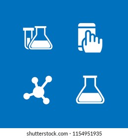 4 research icons in vector set. chemistry class flask with liquid for experimentation, seo and web, flask and atomic bond illustration for web and graphic design