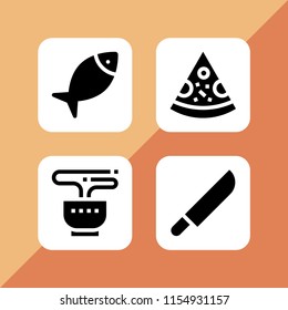 4 restaurant icons in vector set. pizza, fish, knife and food and restaurant illustration for web and graphic design