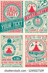 4 Retro Christmas party invitations. Holidays flyer or poster design. Vector Layered.