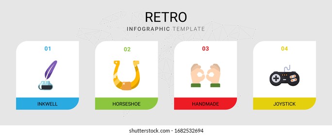 4 retro flat icons set isolated on infographic template. Icons set with Inkwell, horseshoe, Handmade, joystick icons.