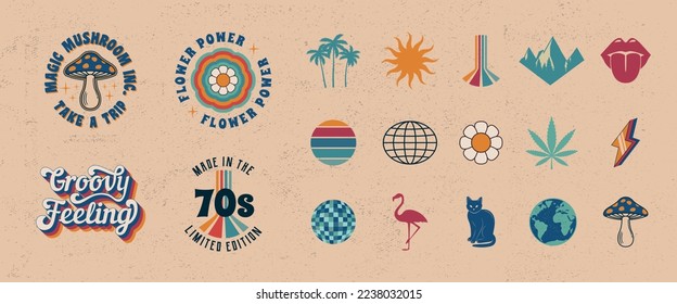 4 Retro Groovy logo templates and 15 trendy elements to create your own design. Design elements for t-shirt, banner, poster, cover, badge, logo and label. Vector illustration