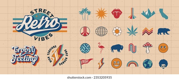 4 Retro Groovy logo templates and 18 trendy elements to create your own design. 70s Design elements for t-shirt, banner, poster, cover, badge, logo and label. Vector illustration	