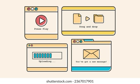 4 Retro User Interface Windows. Windows are made as Retro User Interface Elements that include Play, Drag and Drop, Uploading and You've Got a Message Windows. 