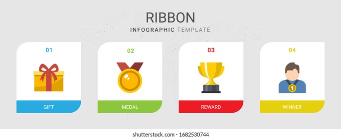 4 ribbon flat icons set isolated on infographic template. Icons set with gift, medal, reward, winner icons.