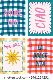 4 afiches vibrantes al estilo Risograph con texto italiano Amore Mio, Ciao, Dolce Vita. Vector dibujado a mano marcos, fondo a cuadros, ideal para gráficos de moda, estampados de camisetas, carteles y tarjetas.