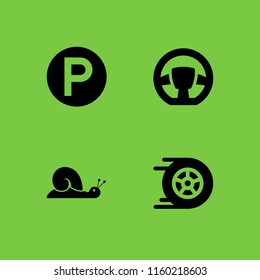 4 road icons in vector set. slow, steering wheel, racing and park illustration for web and graphic design