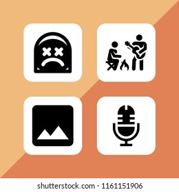 4 rock icons in vector set. guitar, microphone, dead and mountain range on black background illustration for web and graphic design