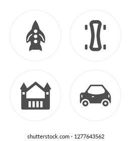4 Rocket toy, Bouncy castle Skate Car toy modern icons on round shapes, vector illustration, eps10, trendy icon set.
