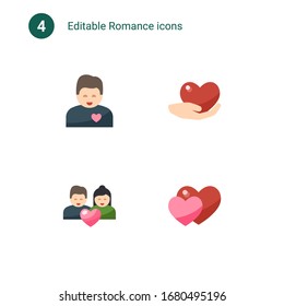 4 romance flat icons set isolated on . Icons set with girlfriend, caring, couple, love icons.