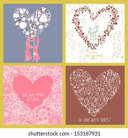 4 romantic backgrounds made of flowers in vector set. Bright floral cards with rabbits, birds and flowers