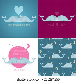 4 romantic greeting cards with sleeping whales, moon & stars. 